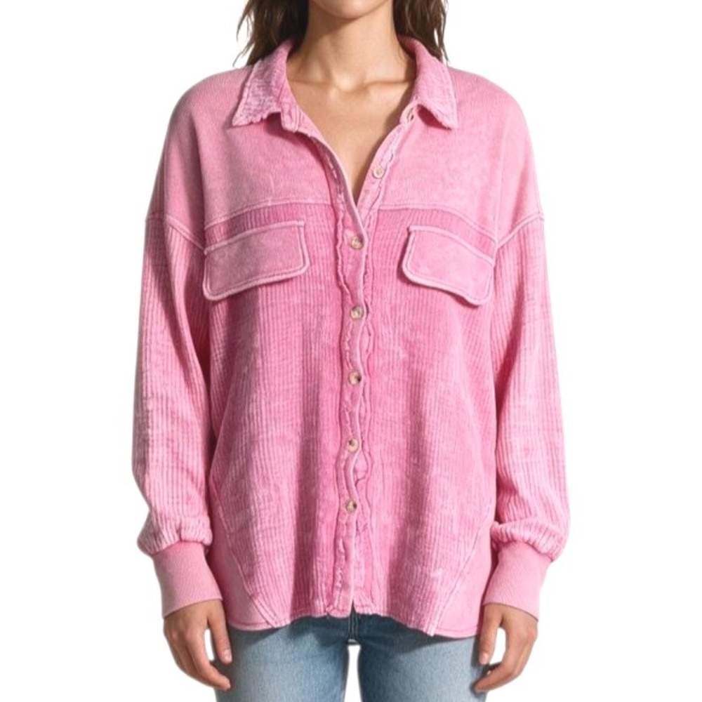 OTT Bright Pink RIBBED GAUZE Button-Up EXPOSED RAW HEM Pockets SHIRT/TOP Sz M/L